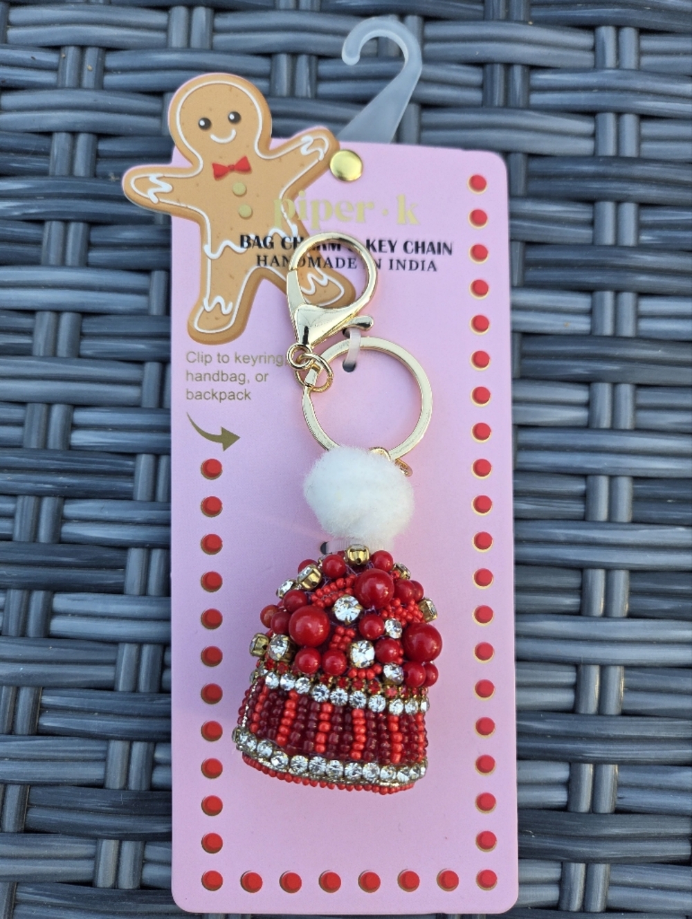 Pipet K. Red Beaded Pom-Pom Keychain For Purse